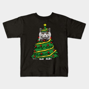 British Shorthair Christmas Tree Funny Xmas Cat Lover Kids T-Shirt